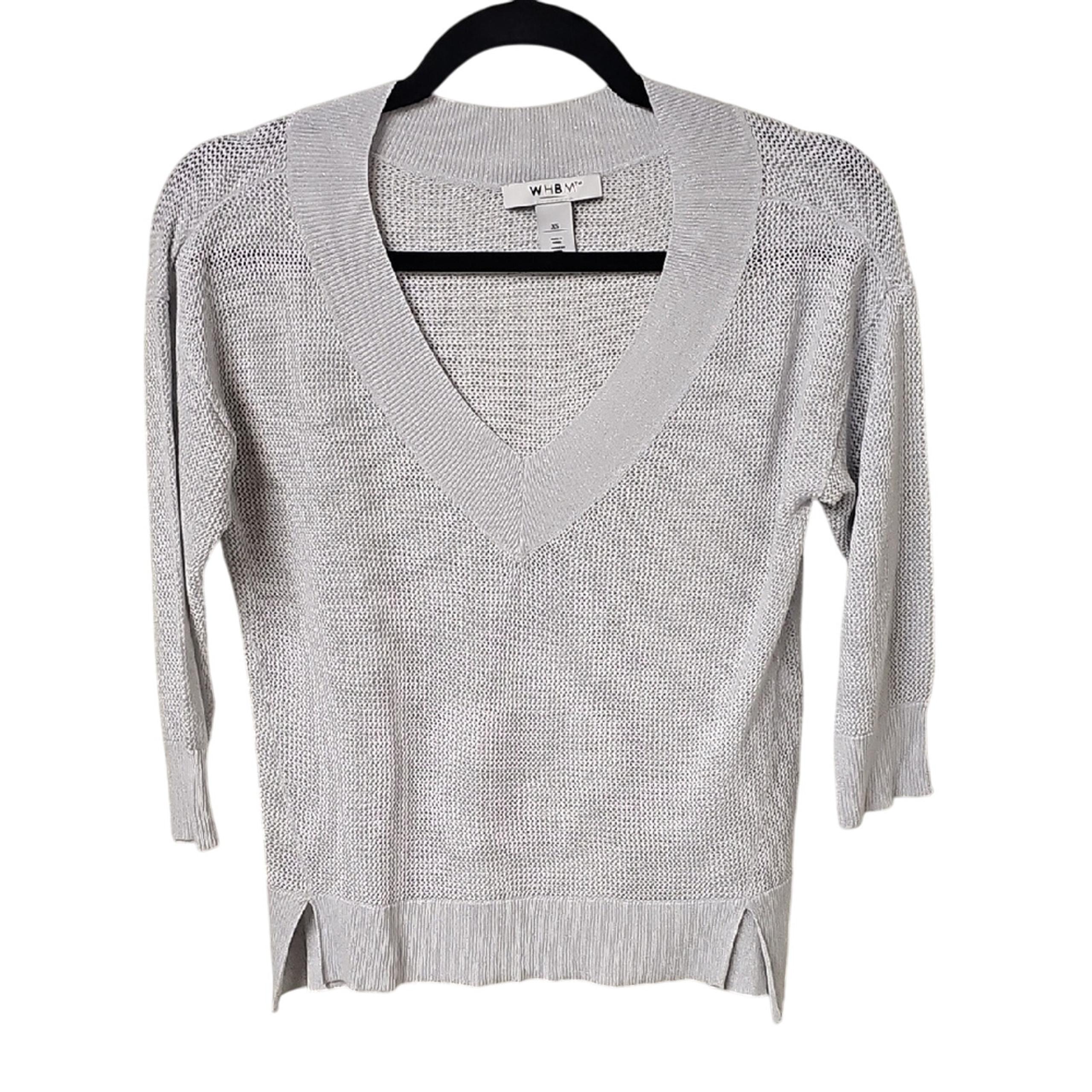 White House Black Market Sparkle Knit Gray V-Neck Sweater Womens Size XS