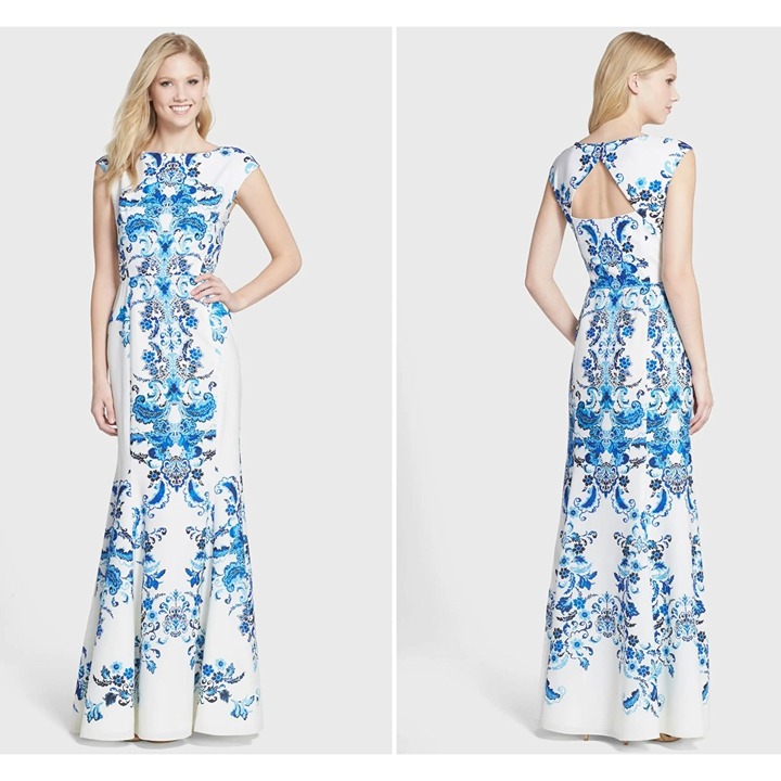 Eliza J Blue Print Crêpe de Chine Mermaid Gown Size 20W 2X Long Dress Plus Size