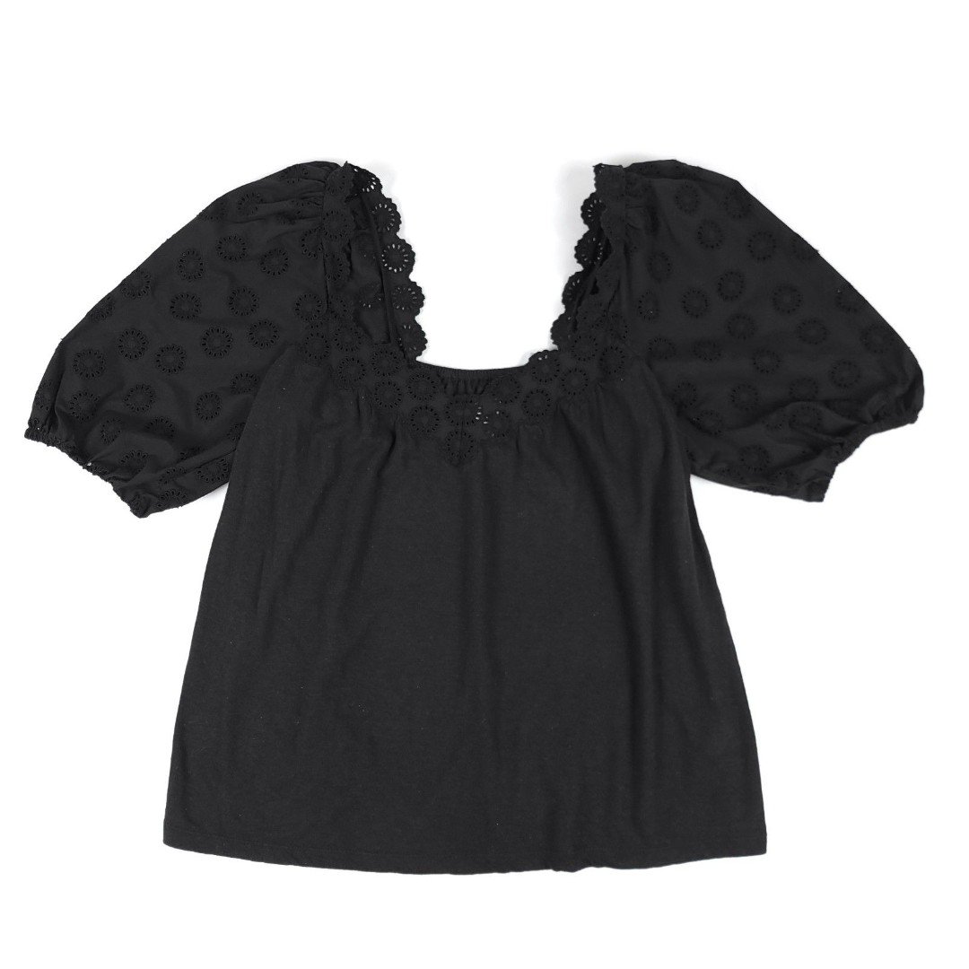 REBECCA TAYLOR Boho Linen Lace Alicia Puff Sleeve Peasant Eyelet Top Small Black