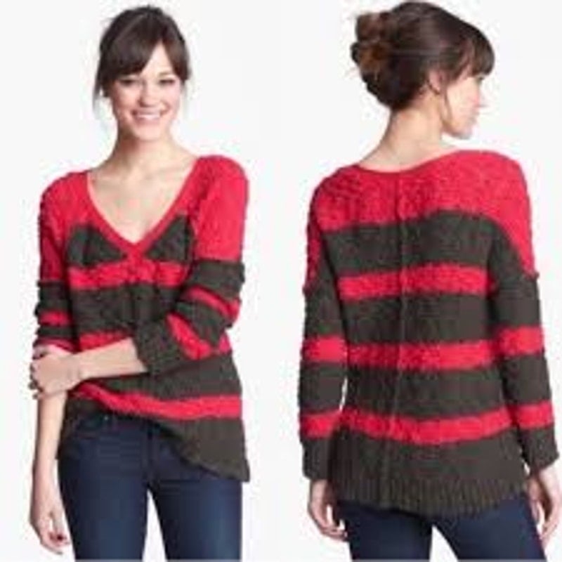 Free People Songbird Rugby Stripe Bouclé Sweater Pink and Gray Oversized Small