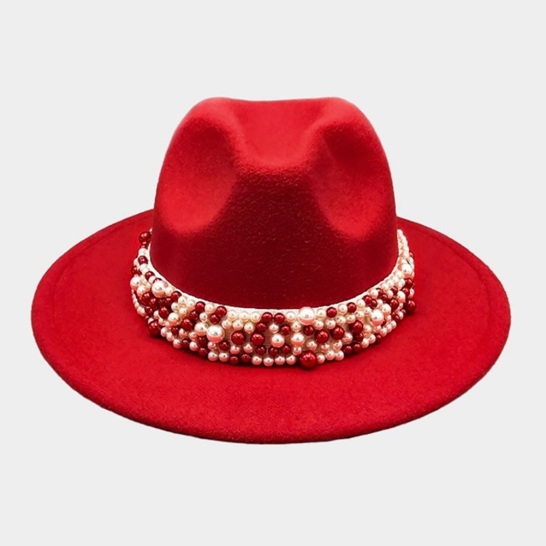 Red Pearl Embellished Band Brim Fedora Hat Trendy Panama Statement Accessory