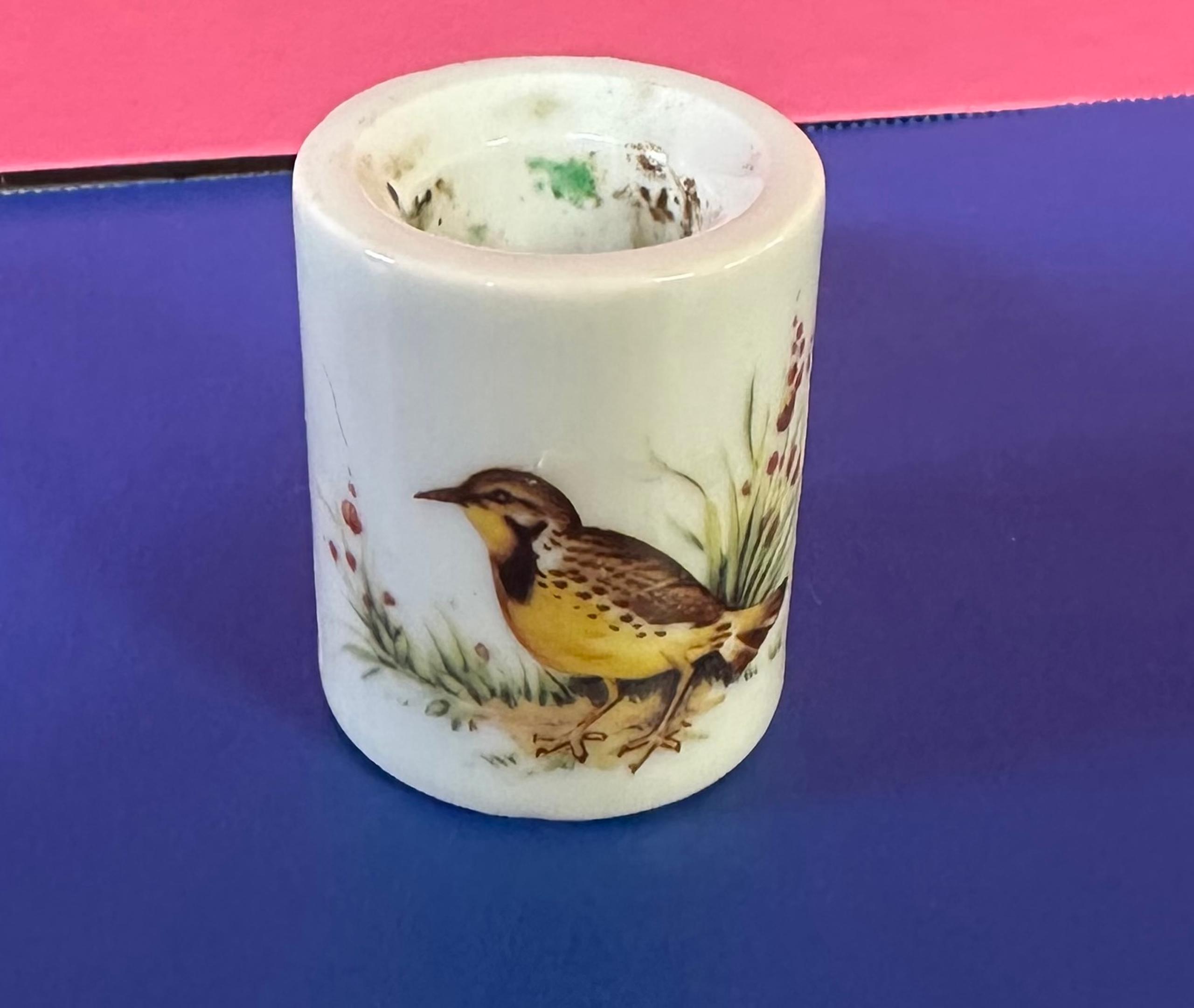 Vintage Biedermann West Germany White Porcelain Candle Holder Brown Bird 1 7/8”