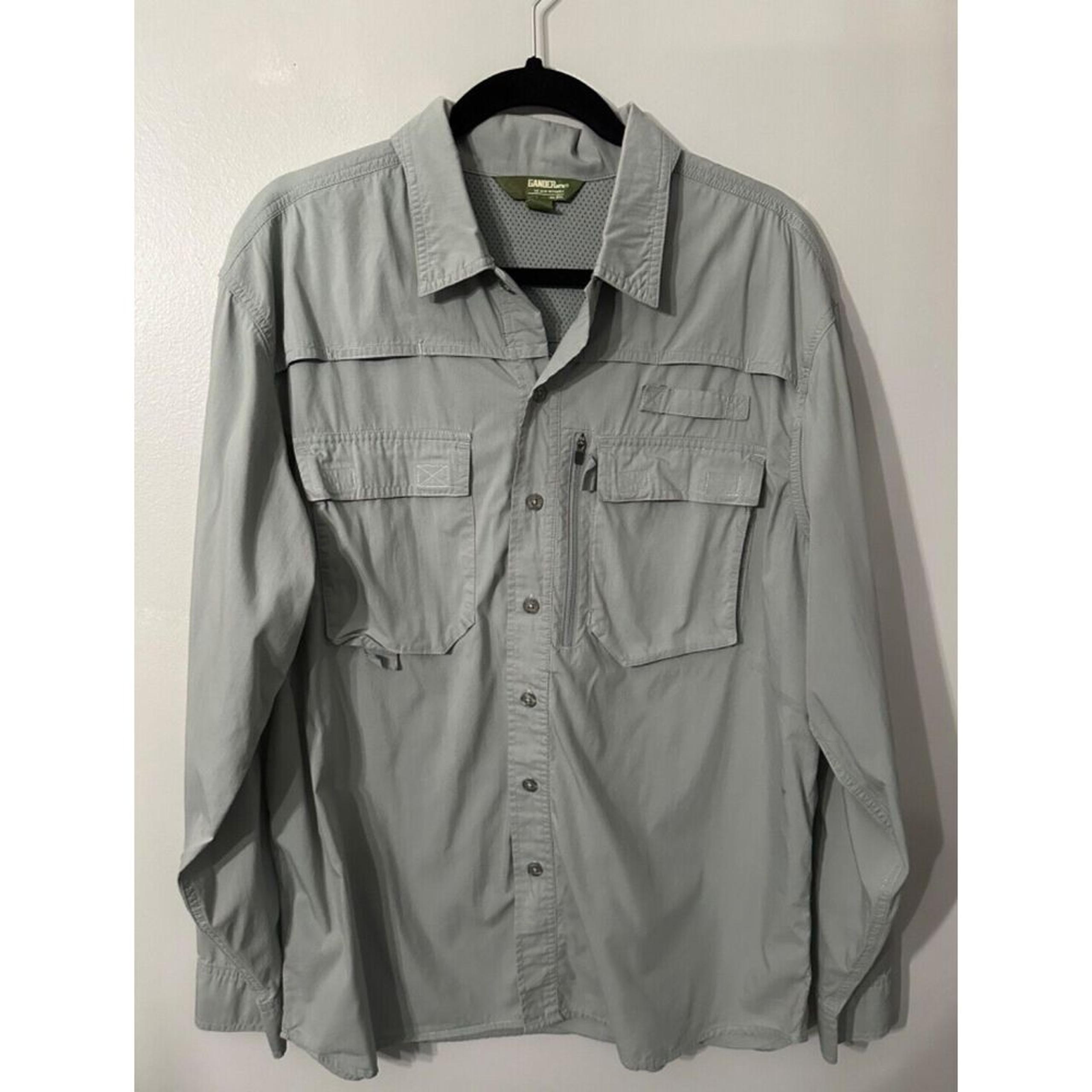 Gander Mountain Grey Outdoor Shirt Button Down Men's L Long Sleeve Small Flaw