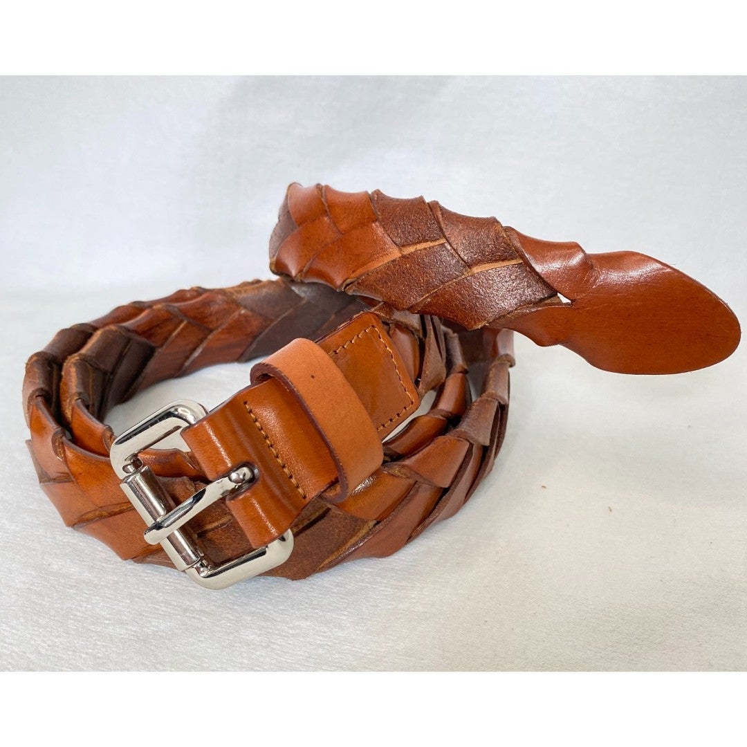 Woven Leather Belt Tan & Silver Tone Buckle Size 42