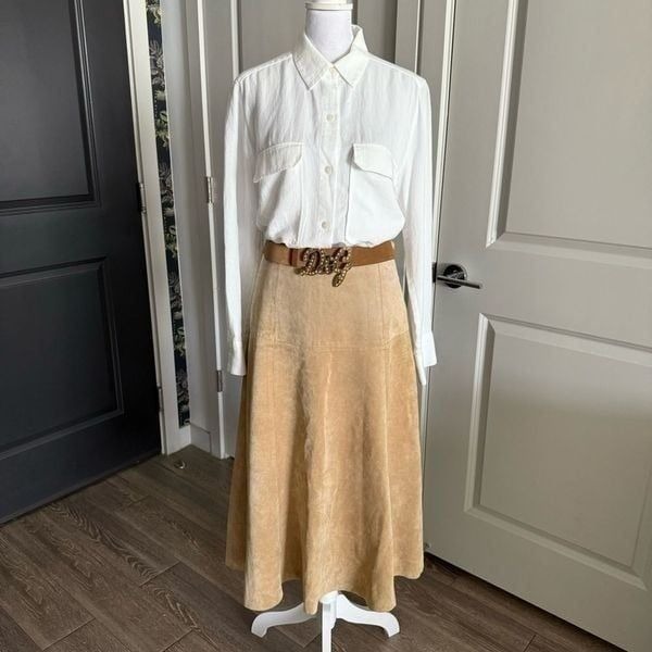 Vintage Live a Little Tan Suede Leather A-Line Midi Skirt Size 6