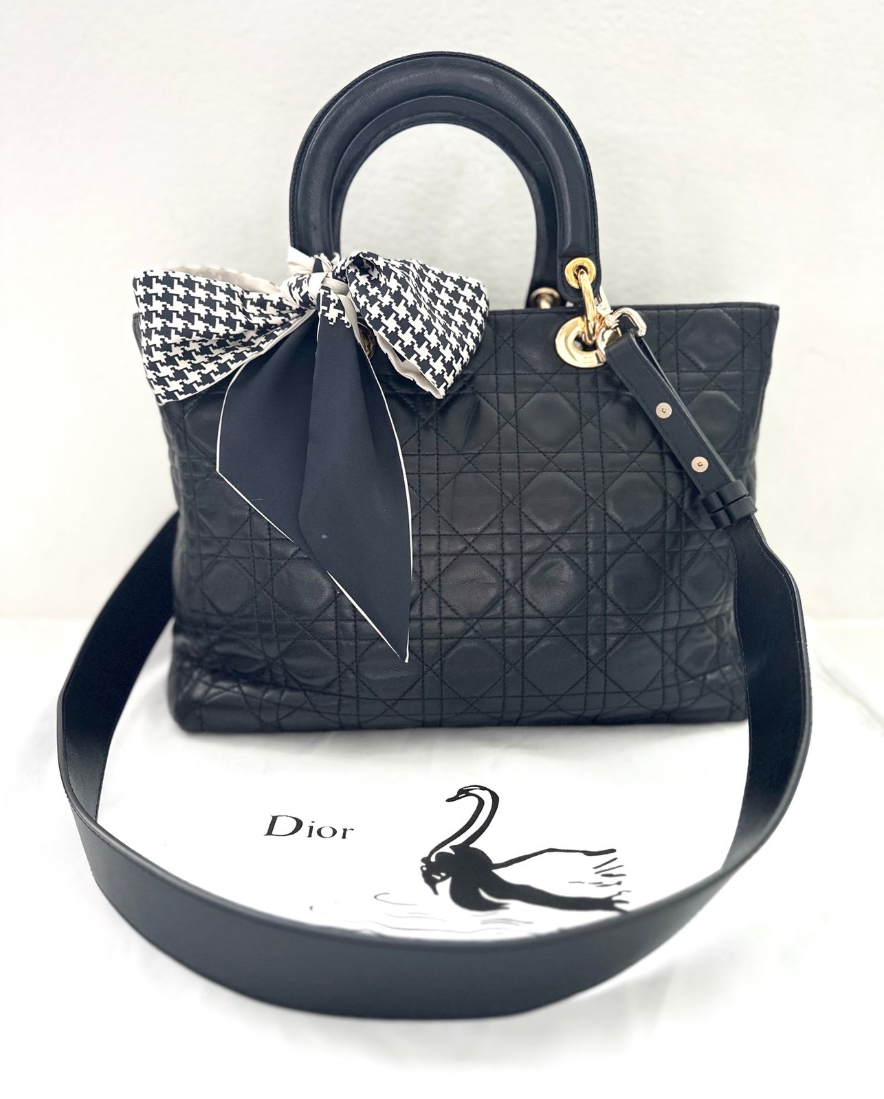 Authentic DIOR Large Cannage Lady Dior Black Lambskin Bag w/ Wide Leather Strap