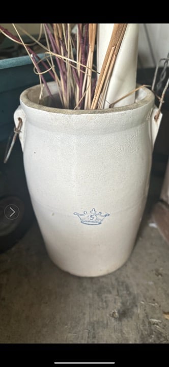 Antique Butter Churn 5 Gall Robinson Ramsbottom Blue Crown w/handles (NO LID)
