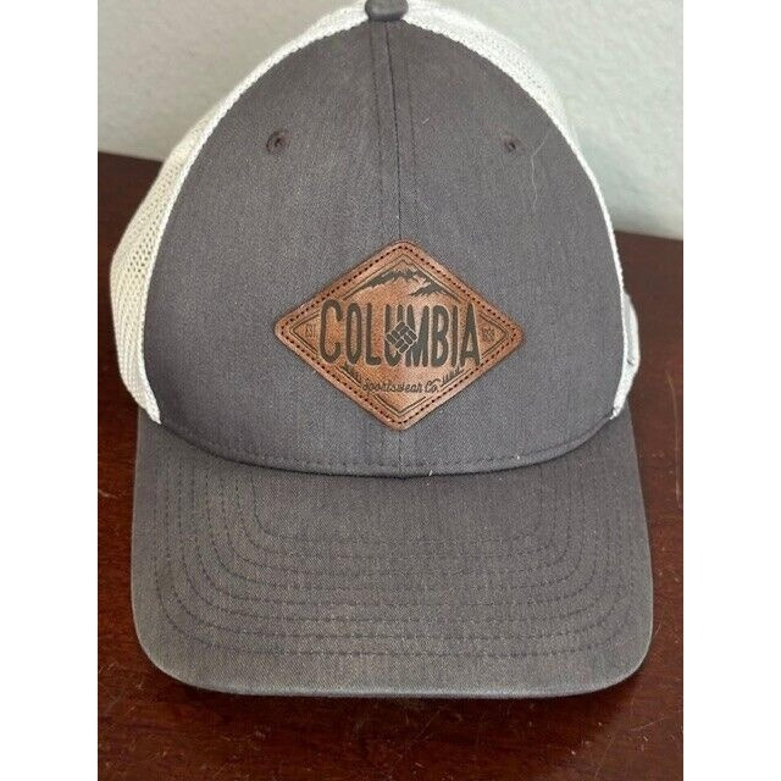 Baseball Hat Cap Adult Fitted S/M Gray White Mesh Back Brown Patch - Columbia