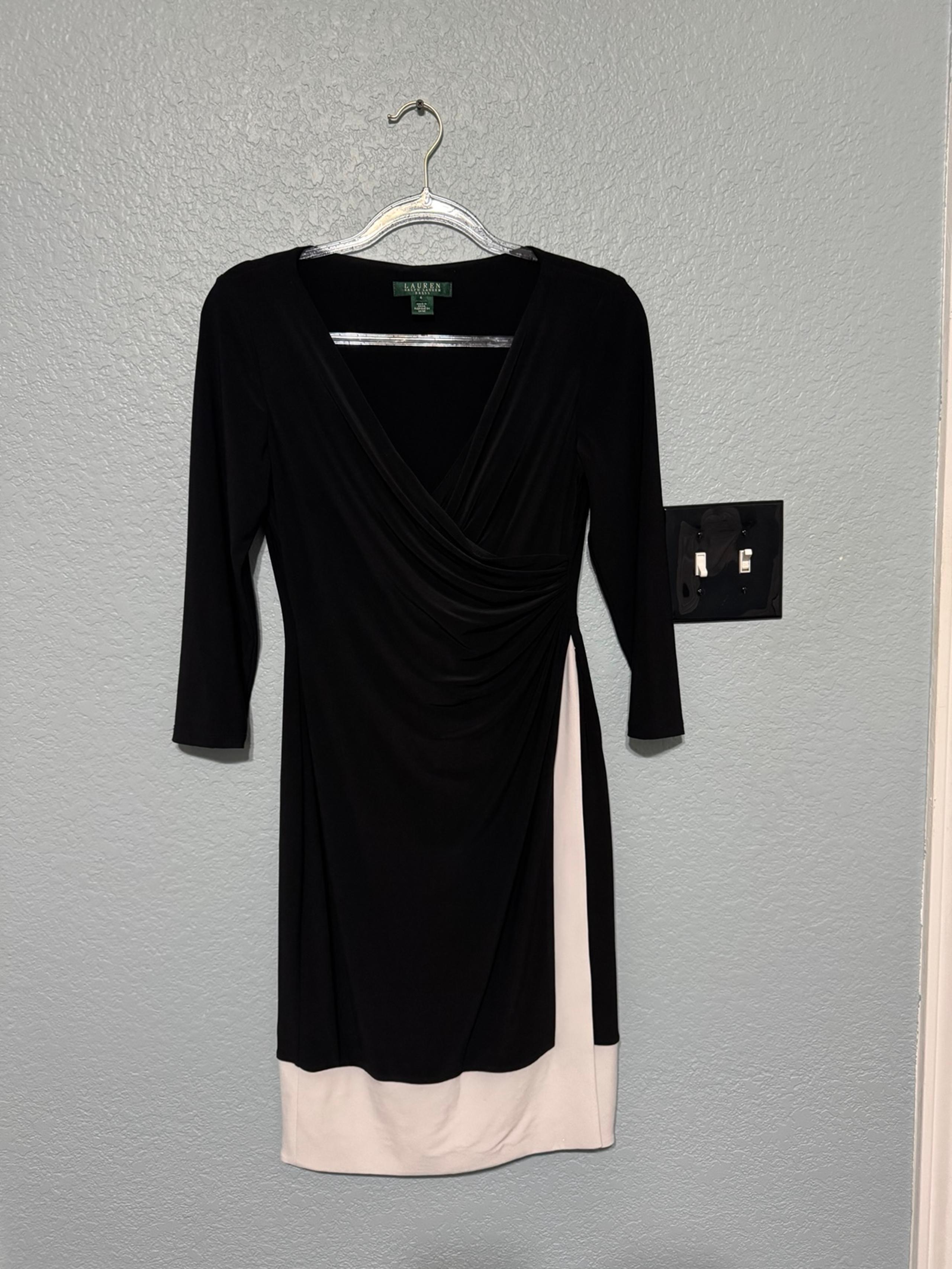 Ralph Lauren Women Dress 6 Black Poly Blend V Neck 3/4 Sleeve Pencil Knee Length
