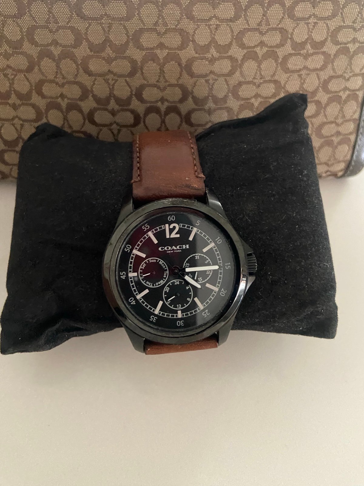 COACH MEN'S BARROW WATCH, W5007, BLACK/SADDLE, No Box. New Battery Very Nice