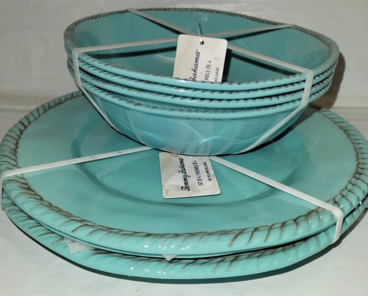 Tommy Bahama Melamine Plate & Bowl Combo Set - Teal Braided - 4 each