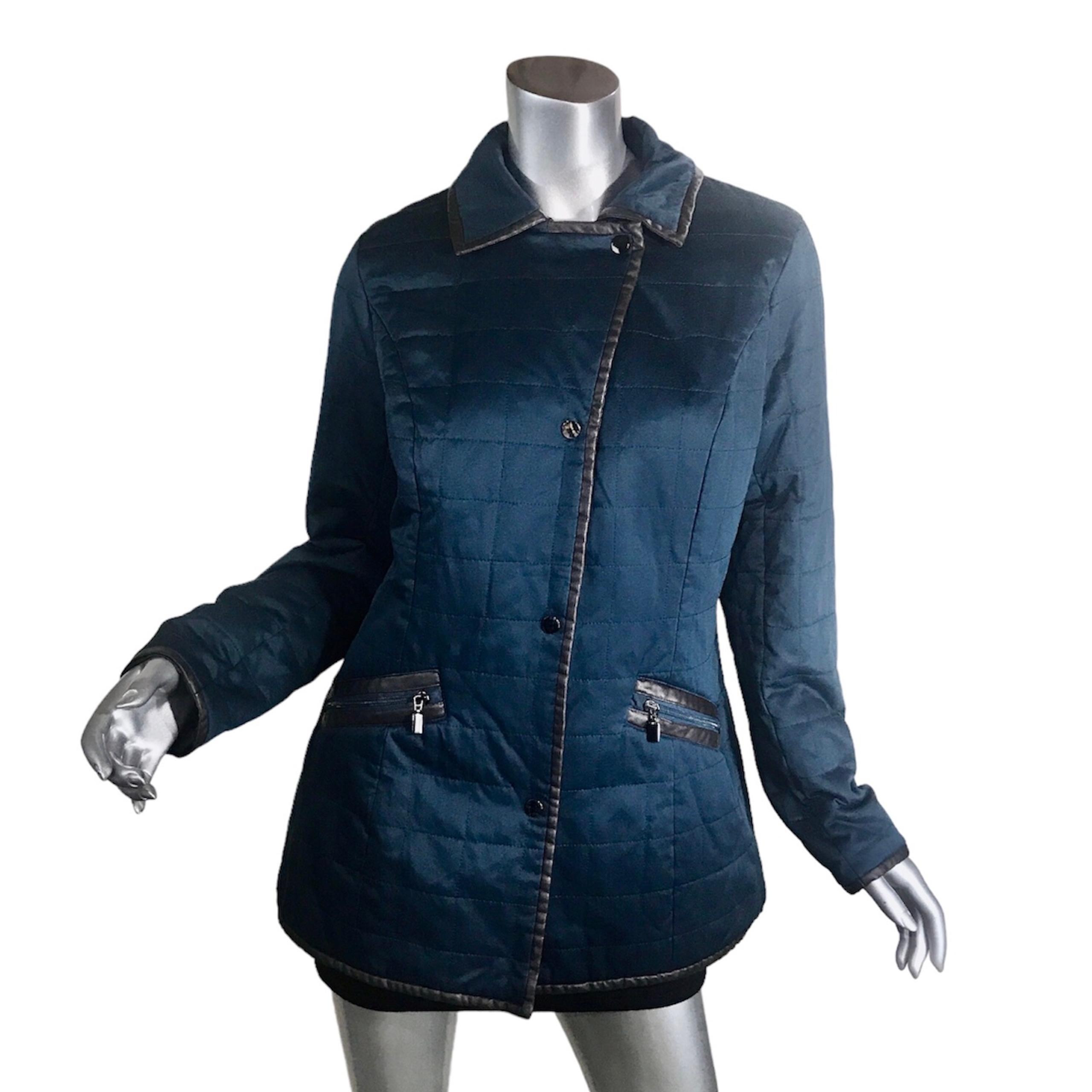 Pendleton Women’s Large Quilted Jacket Lined Deep Blue Faux Leather Trim Snap Up