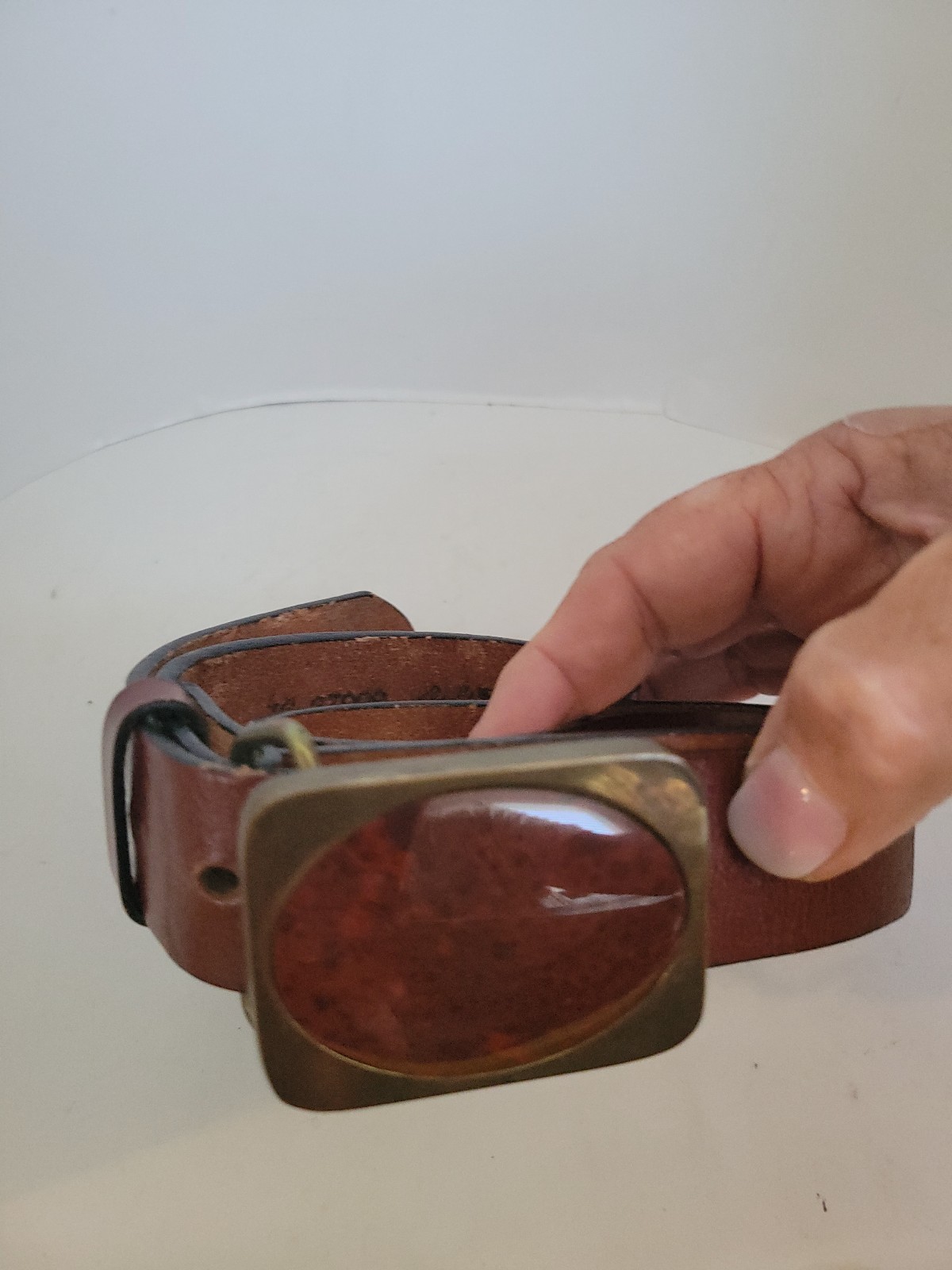 Vintage 1978 BTS Womens Brown Leather Belt Solid Brass Buckle Made in USA Stone