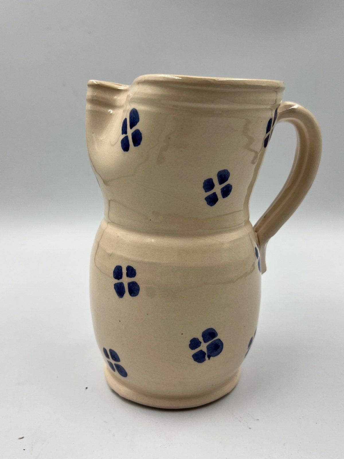 Hand Turned Country White Pottery Pitcher with Blue Floral Design