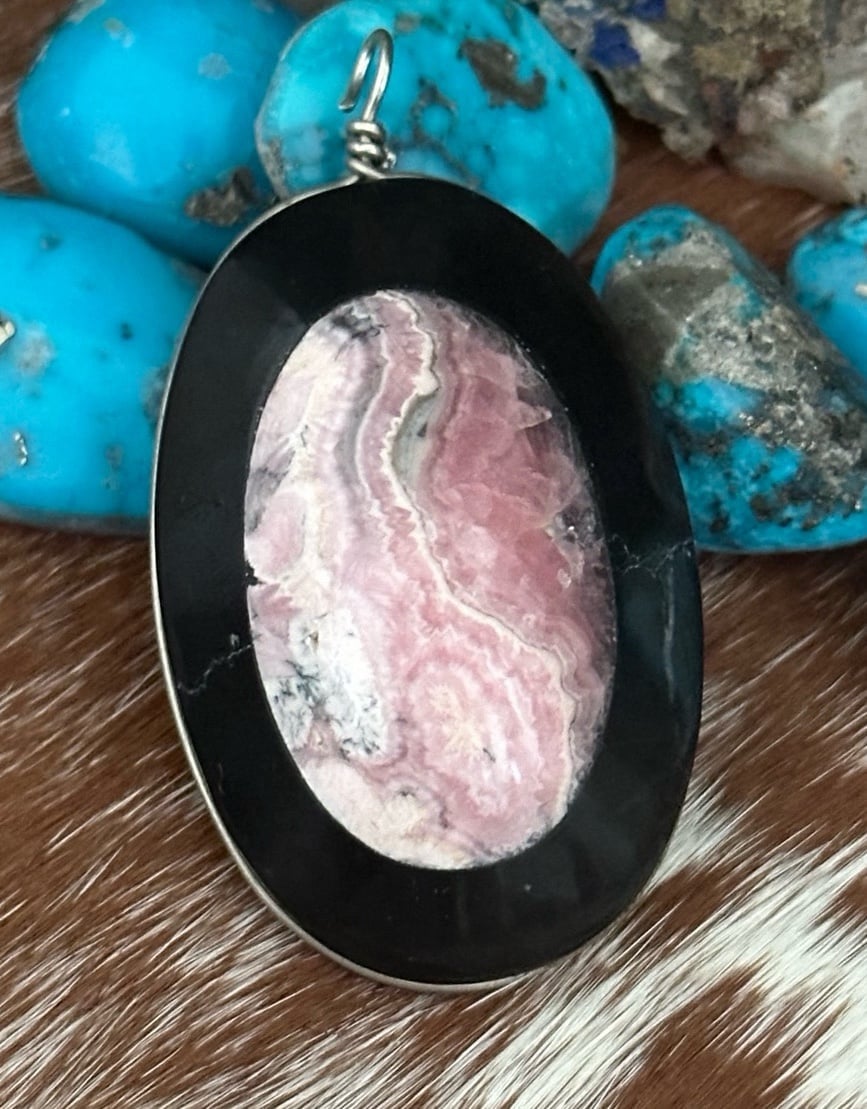 Onyx with rhodochrosite inlay sterling silver pendant