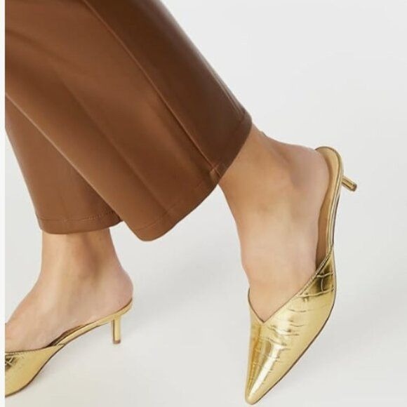 Milooey shoes Women's Closed Pointed Toe Slide Sandals Kitten Heel Mules Gold