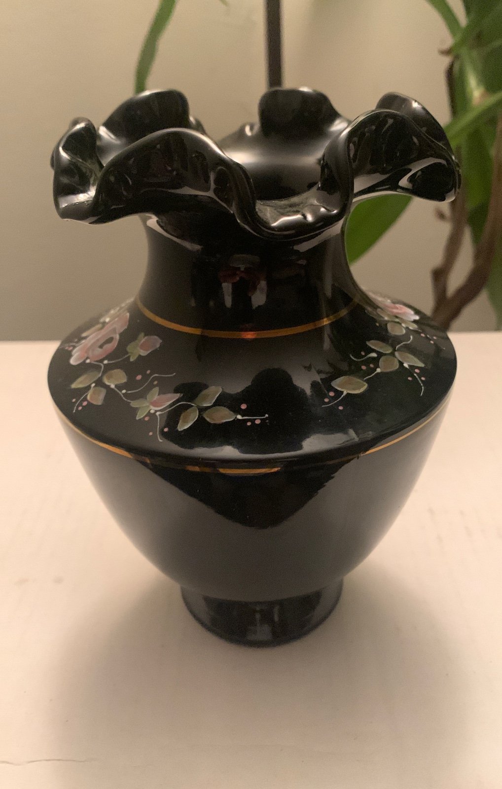 Fenton Black Glass Ruffled Top | Signed Hand-painted C.Griffiths 7.5” Tall