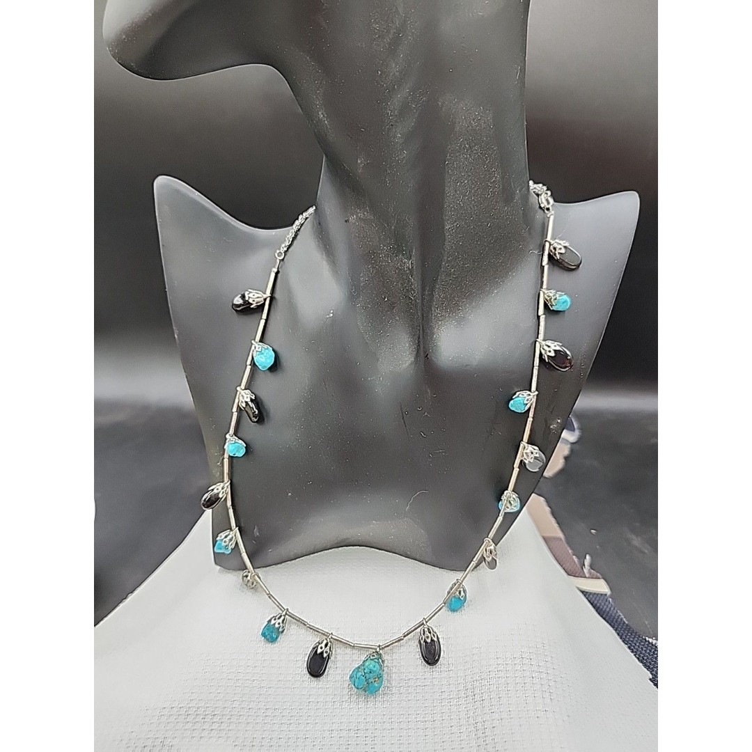 Silver, Turquoise, and Obsidian Handmade Vintage Necklace