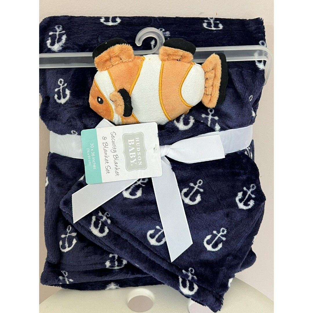 Hudson Baby Security Lovey Blanket Set Clownfish Nautical Anchor Navy Blue New