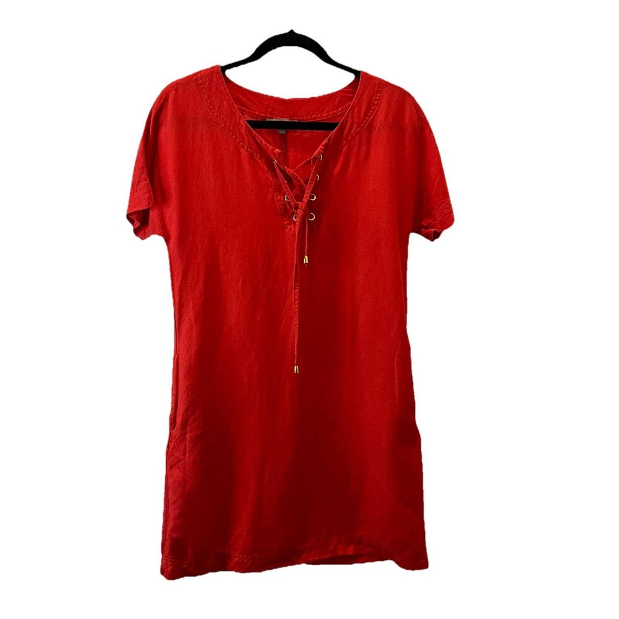 Joan Vass Linen Blend Lace Up Neck Short Sleeve Dress Coral Womens Size 4