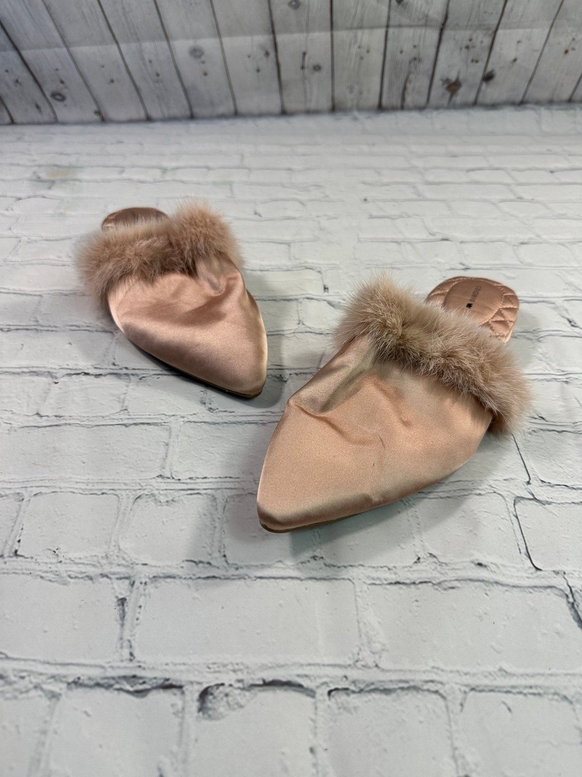 Birdies The Dove French Rose Slip On Fur Cuff Pointed Toe Slides Mules Flats