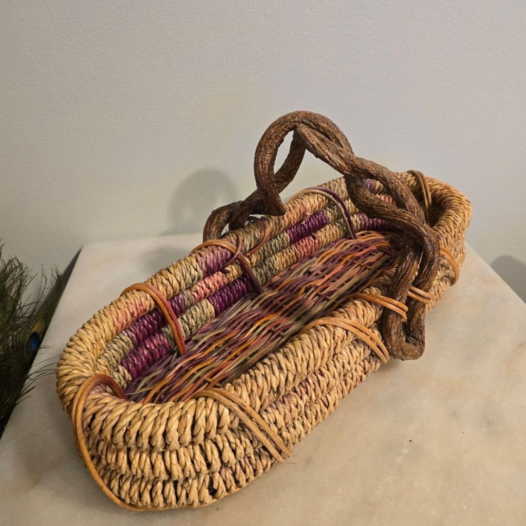 Vintage Woven Willow Gathering Basket with Driftwood Handle