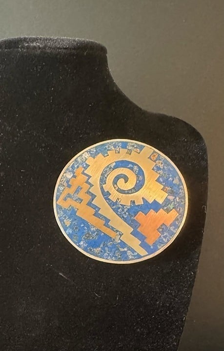 Sterling Silver Taxco Lapis Lazuli Brass/Copper Inlay Brooch #18
