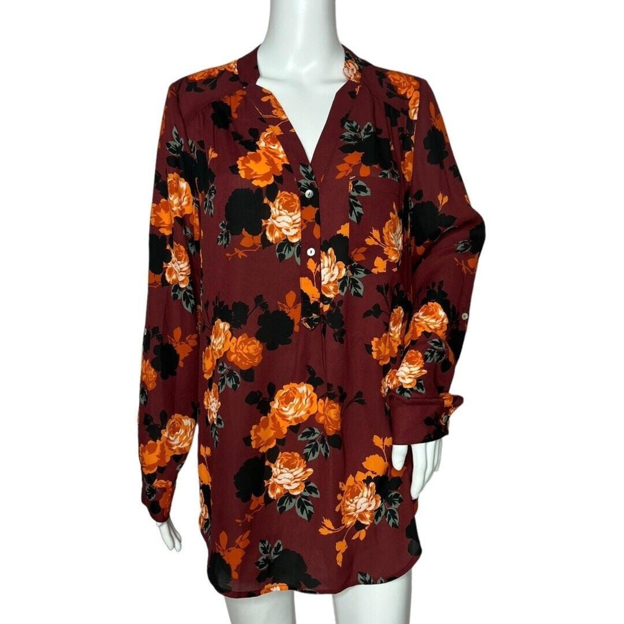 ModCloth Popover Blouse Red Orange Floral Long Sleeve Half Button