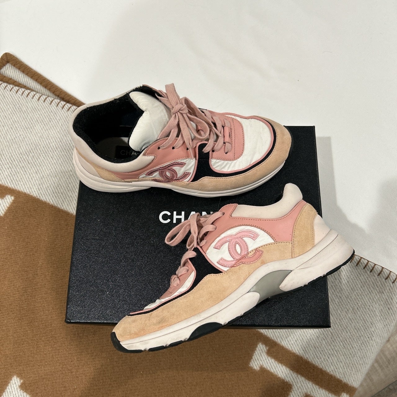 Chanel 19C black and pink suede sneakers