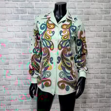 Vintage 60s 70s Union Made Mint Green Polyester Shirt Jacket Paisley Disco