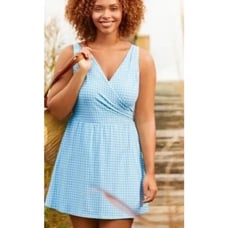Lands End One Piece Modest Swimsuit Dress Gingham Plaid Blue Size 14 D