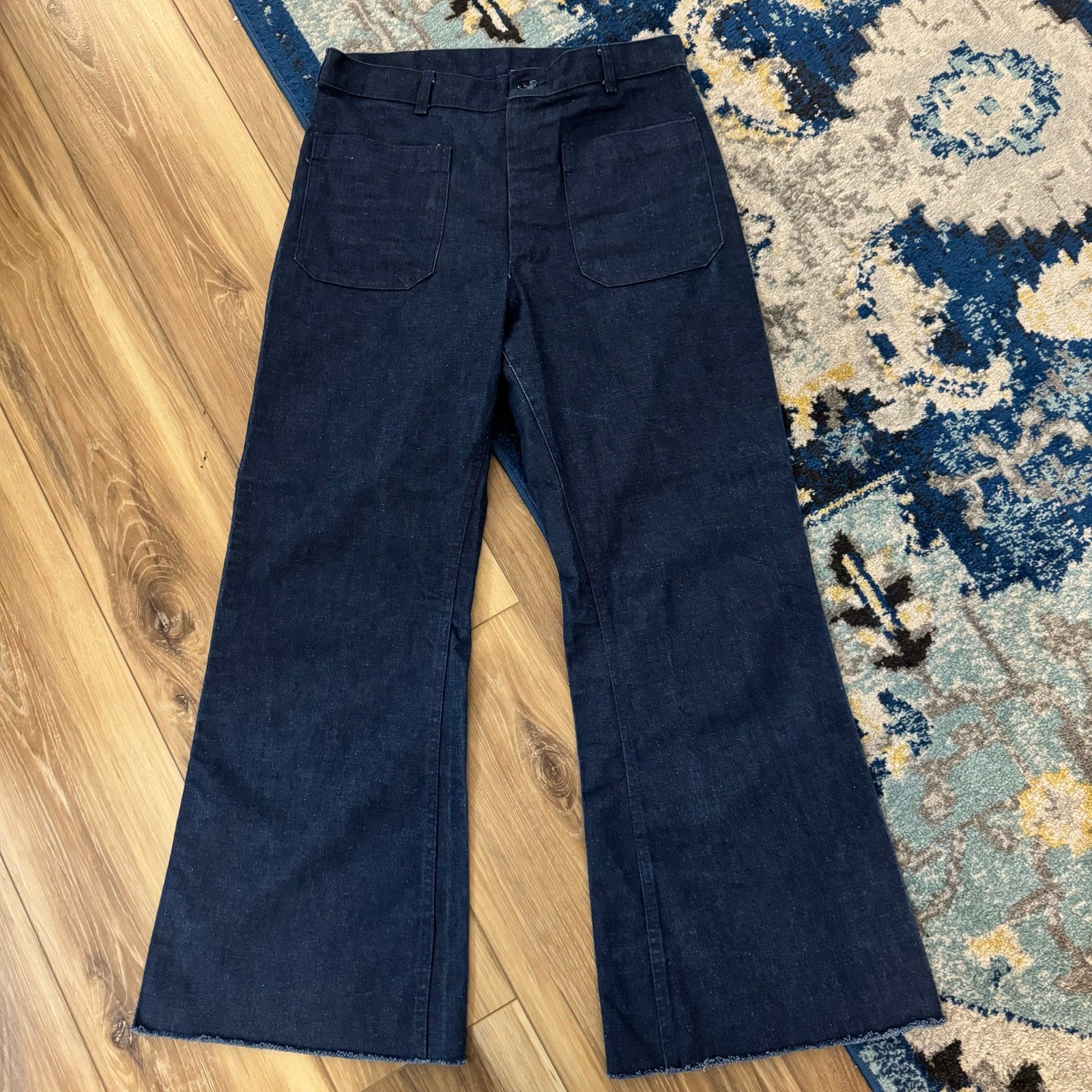 Vtg 80s Flare Sailor Front Pocket Blue Pants Trouser Sz 32R