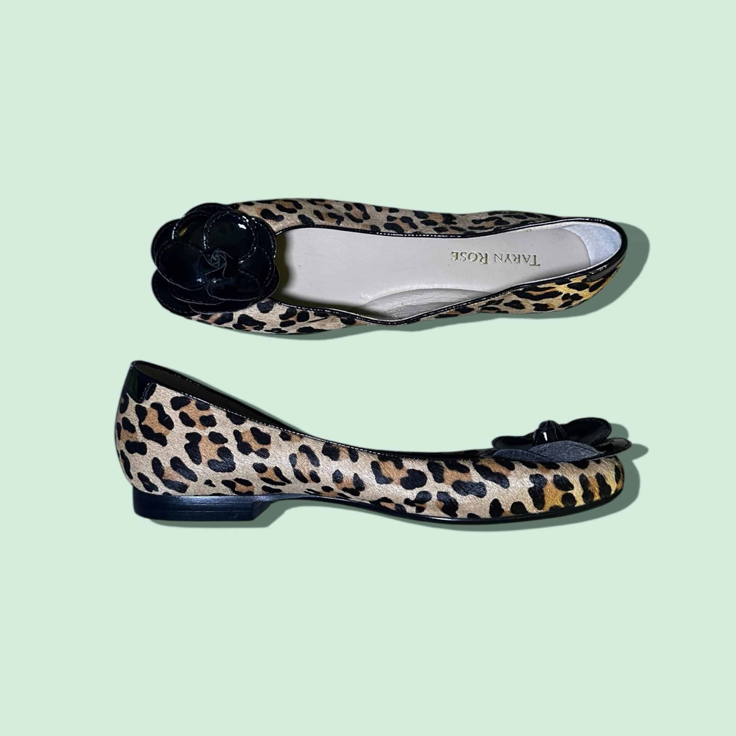 Taryn Rose Flat Leopard Cow Hide with Black Leather Flower Accent Women's Size 7
