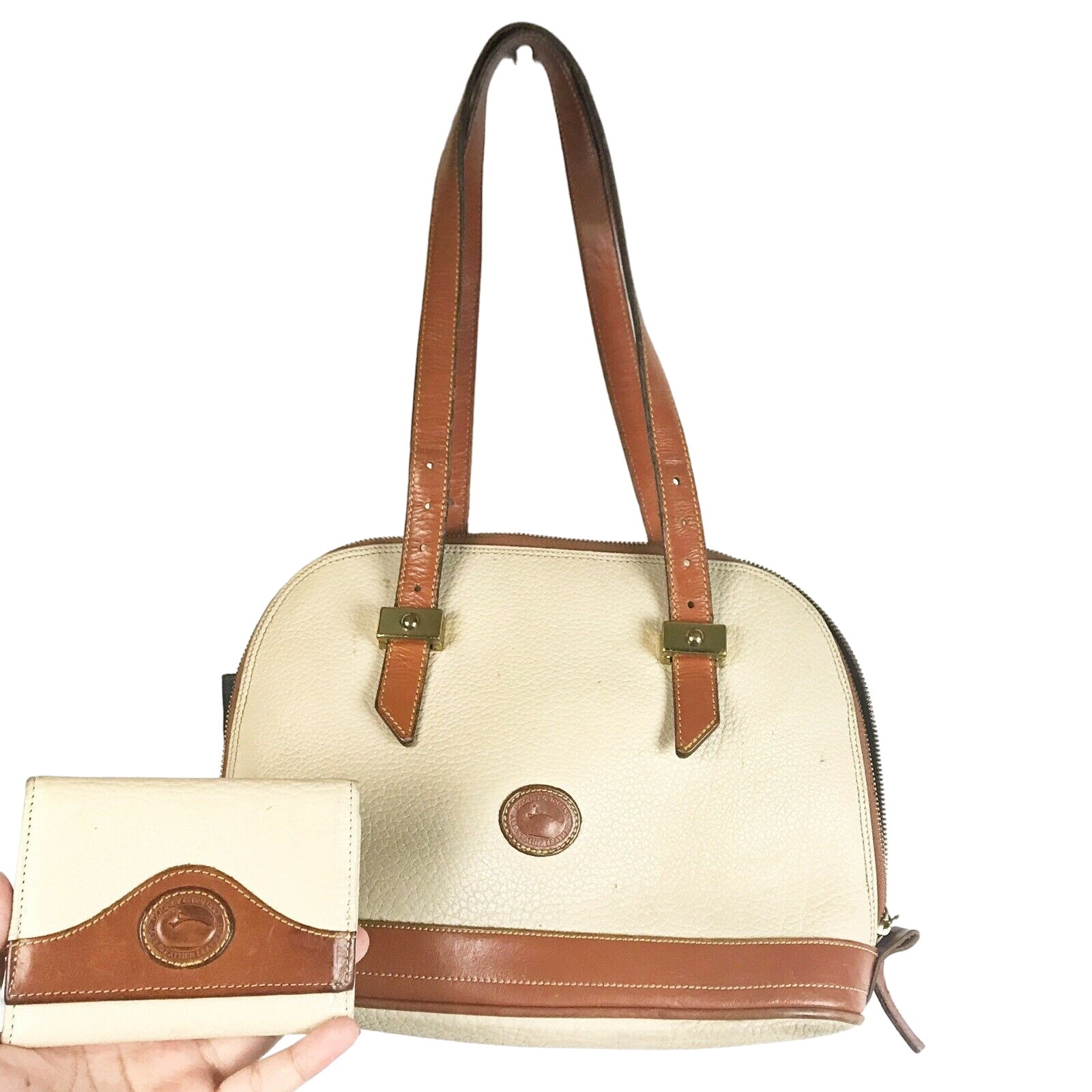 Vintage Dooney & Bourke Bone All Weather Leather Dome Zip Zip Satchel Wallet Set