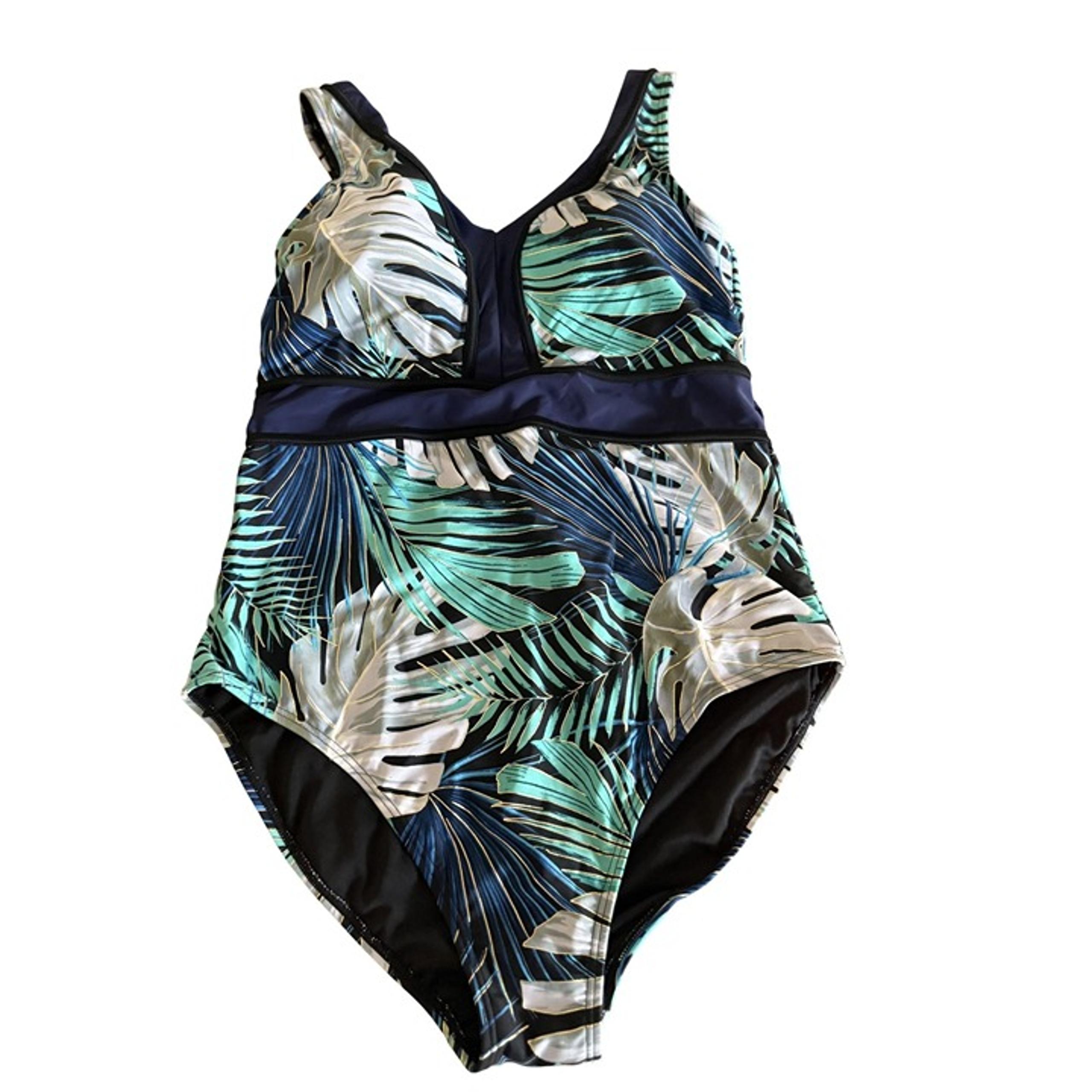 St. Johns Bay Tropical Print One-Piece Swimsuit Size 18W Navy Mint Palm Leaf Des