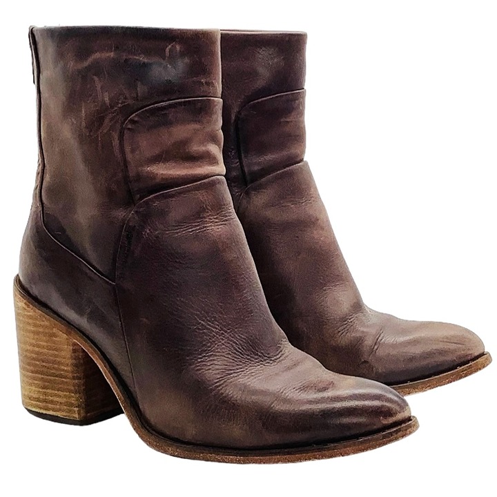 FREE PEOPLE 38 7.5 Panel Leather Stacked Block Heel Ankle Boots Distressed Boho