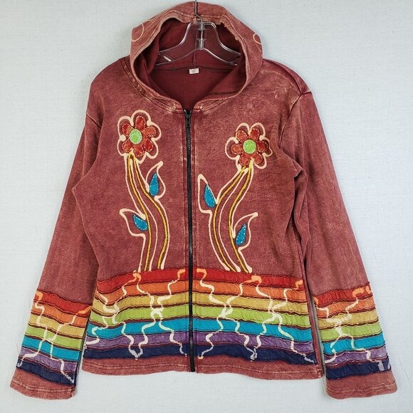 Vintage Rising International Y2K Hoodie Rainbow Applique Floral Hippie sz L/XL