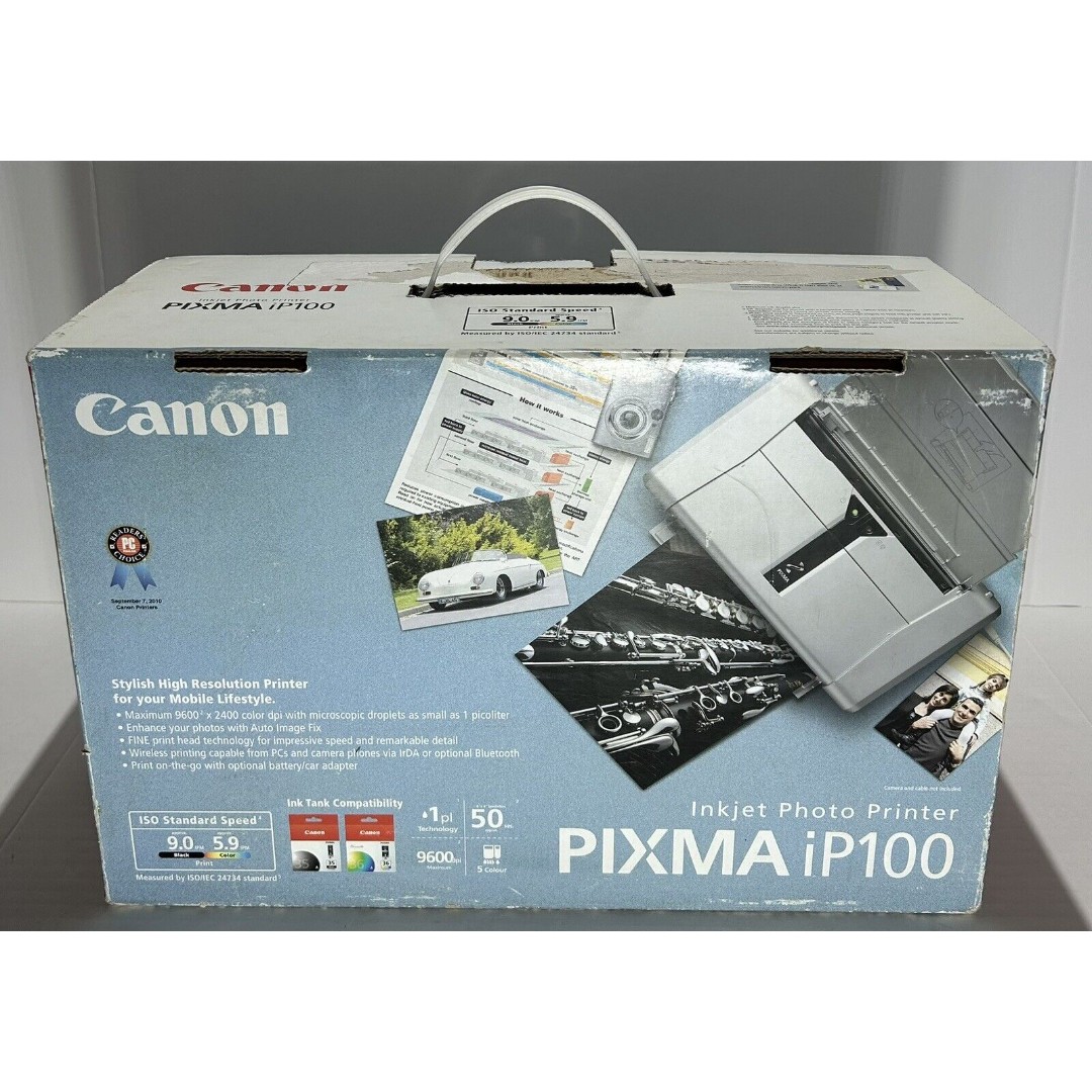 Canon Pixma iP100 Inkjet Portable Photo Printer + AC adapter, USB cables In Box