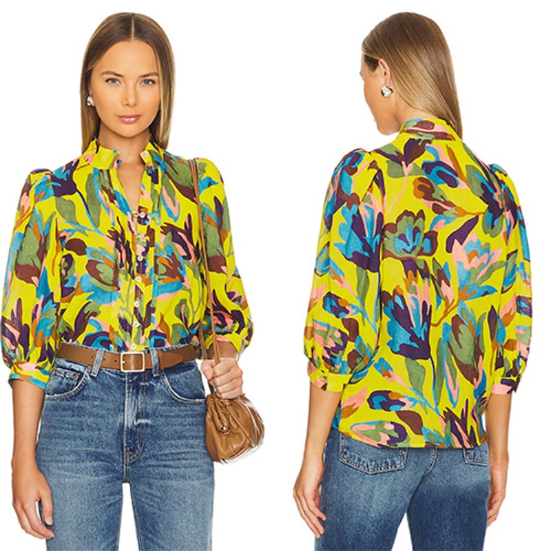 NEW Smythe Frontier Linen Half Sleeve Blouse Top in Tropical Yellow Size: Medium