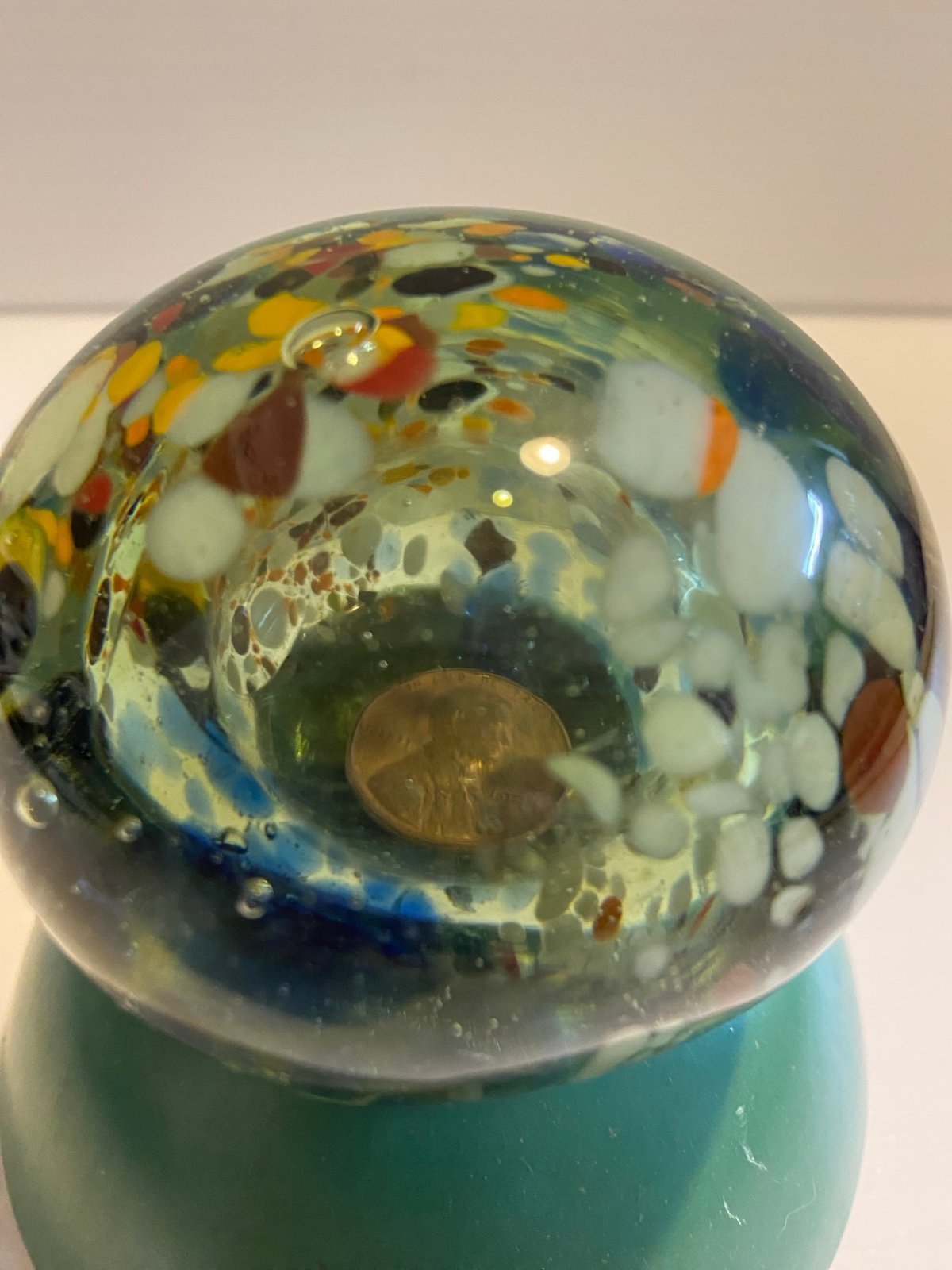 Vintage Hand Blown Glass paperweight with penny sealed inside 1944 Wheat Back