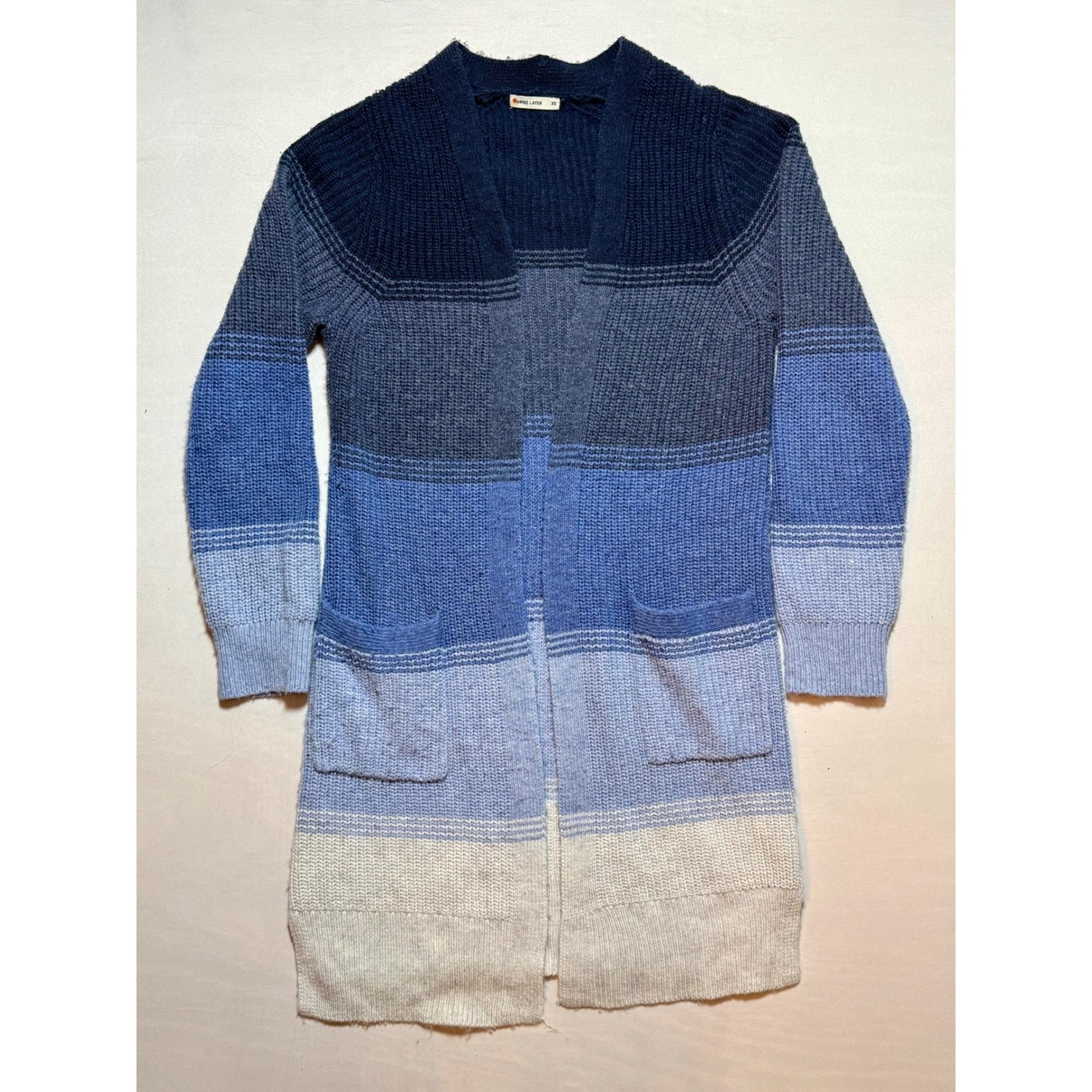 Marine Layer Knit Cardigan Open Front Pockets Striped Blue XS