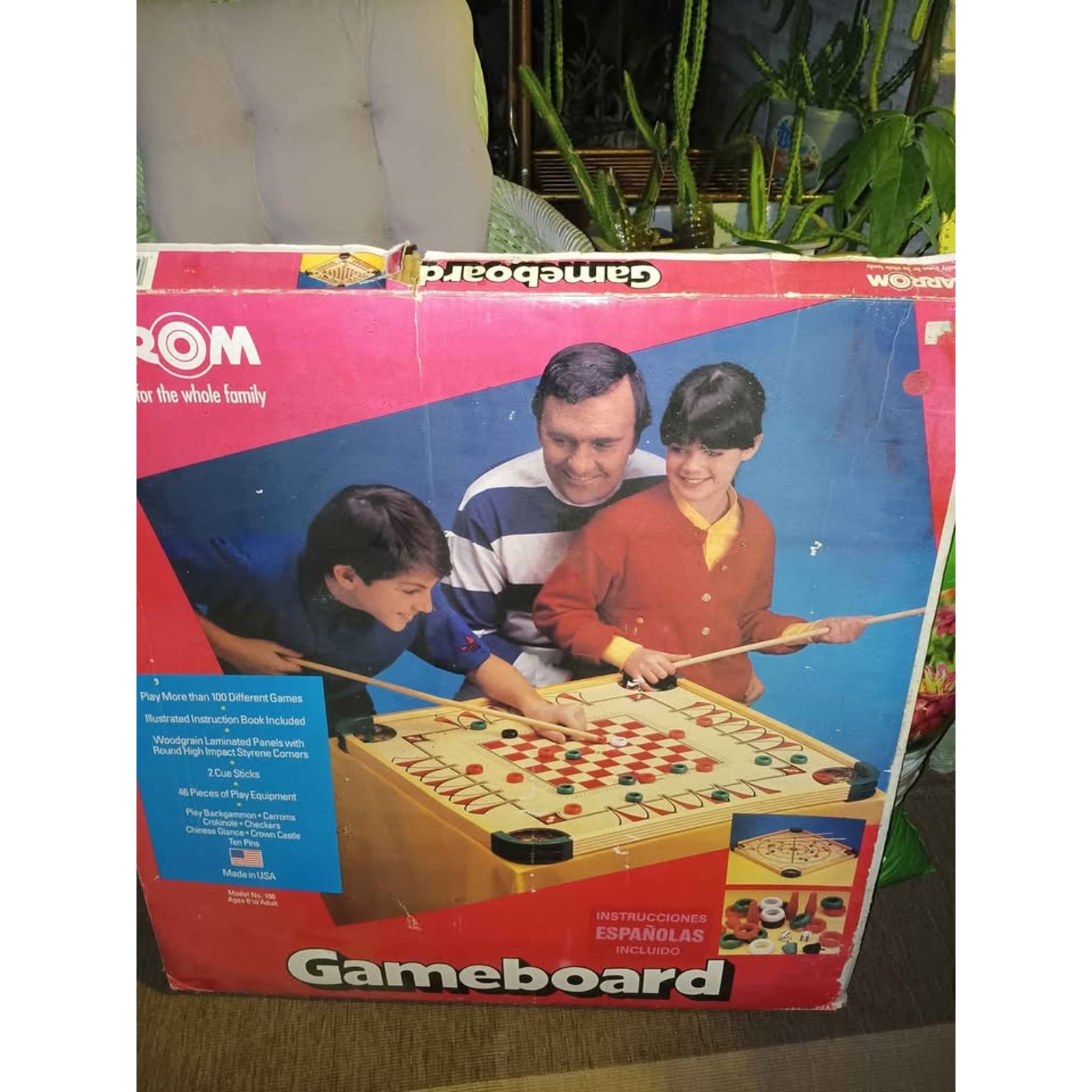 Double Sided Vintage 1970 Carrom Wood Board w.Box,Sticks, Game Pcs