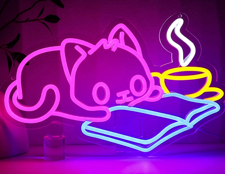Cute Bright Pink Baby Kitty Cat Reading a Book LED Night Light Room Wall Decor