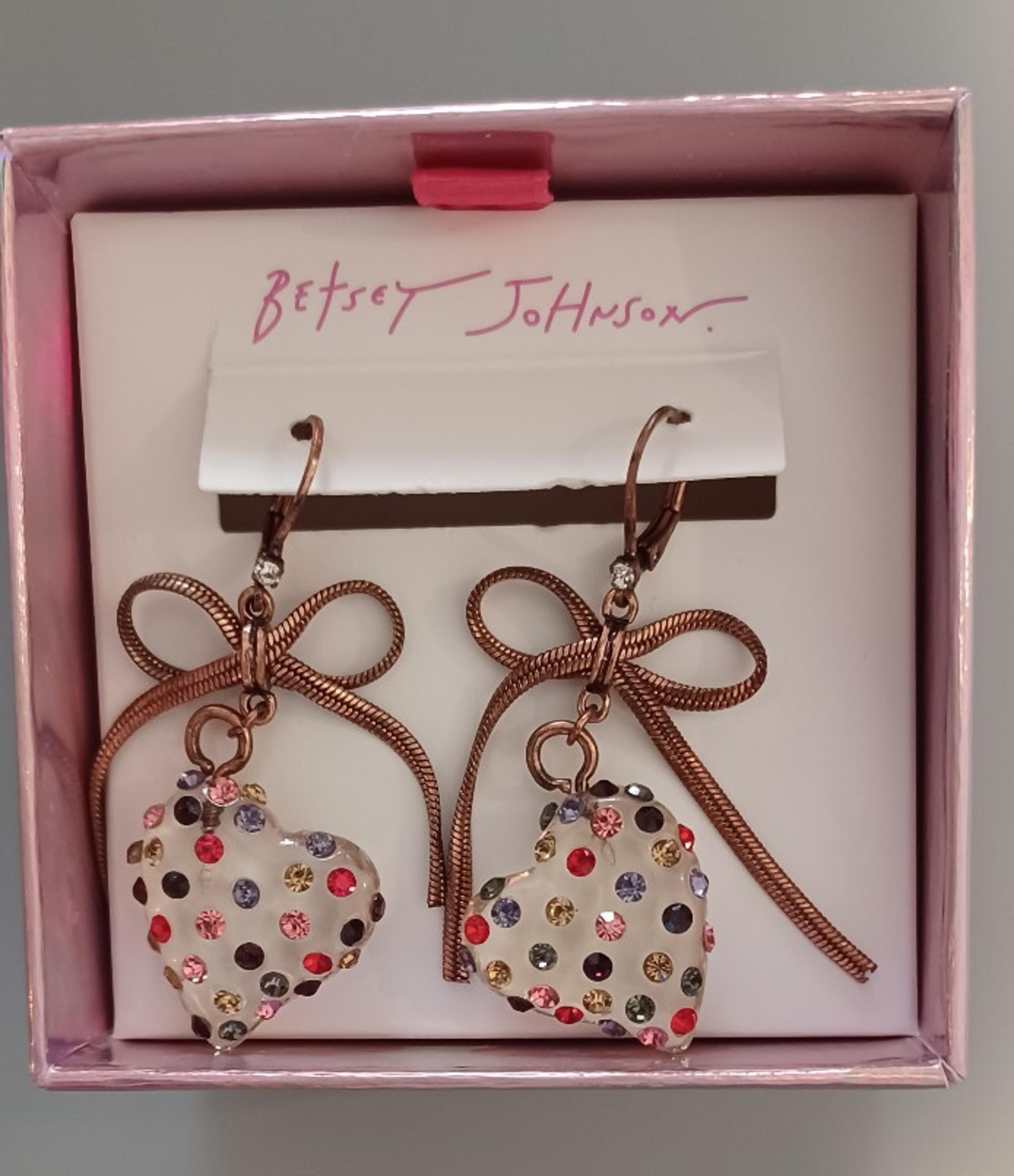 BETSY JOHNSON Clear Floating Heart Earrings W/Colorful Gemstones