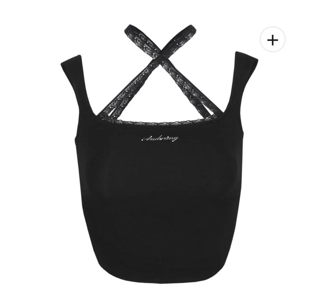 Andwang Cross Lace Tank Top, Black and White