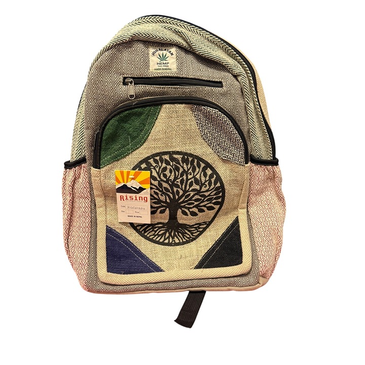 Handcrafted Hemp Backpack With Tree Of Life Print & Geometric Design