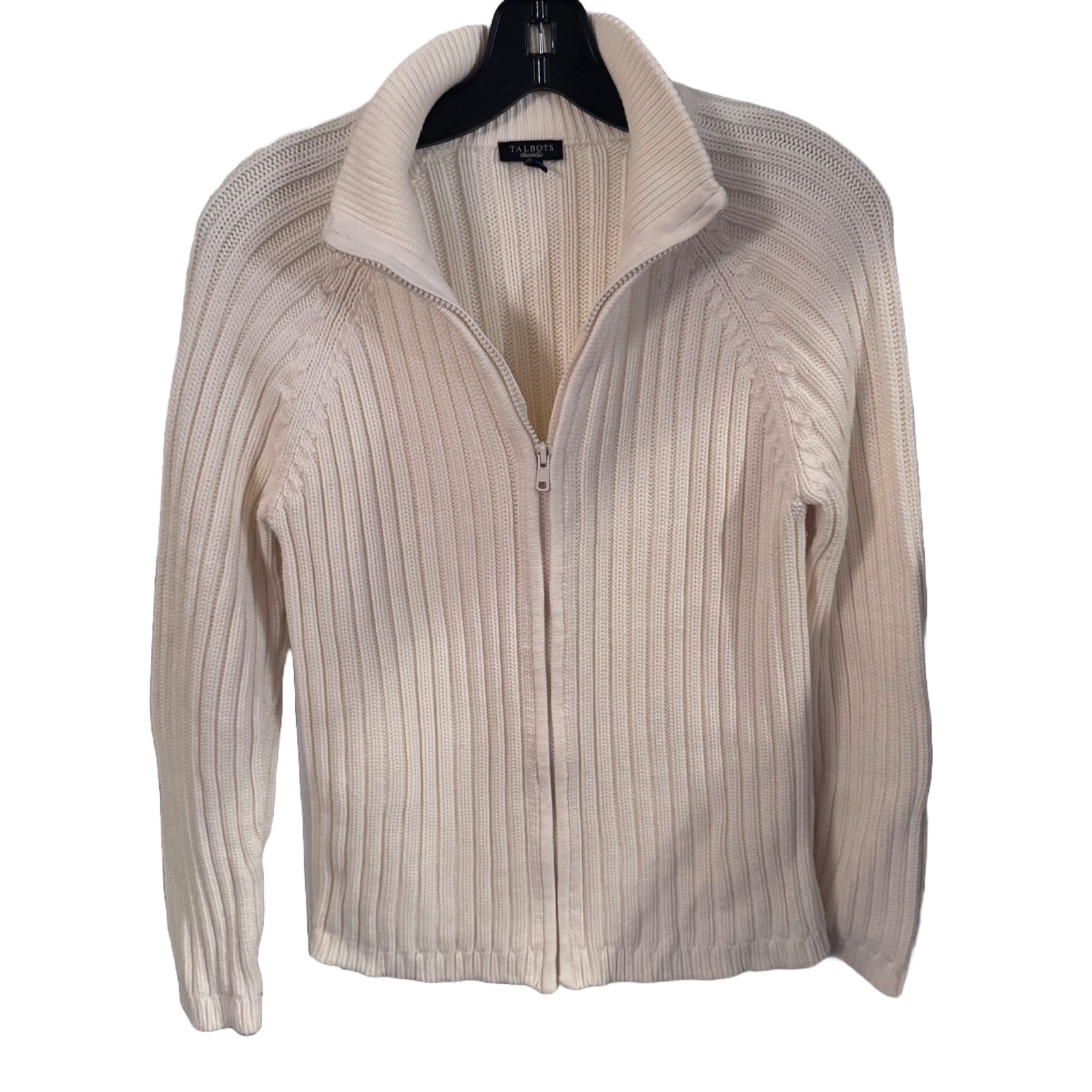 Talbots Women’s Off White Heavy Ribbed Knit Zip Front Cardigan Sweater, Size M