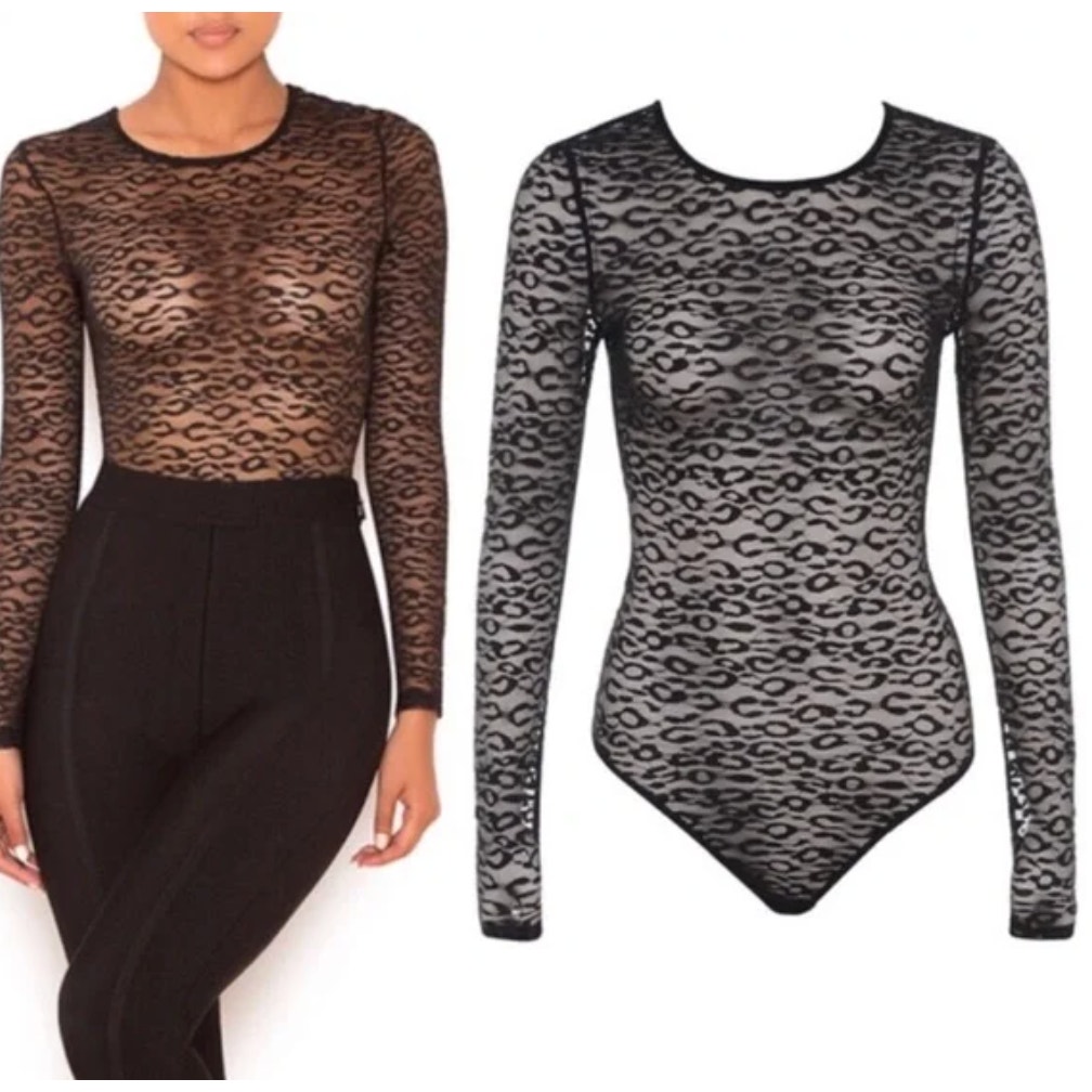 NWT House of CB Carmine Cheetah Print Sheer Bodysuit in Black