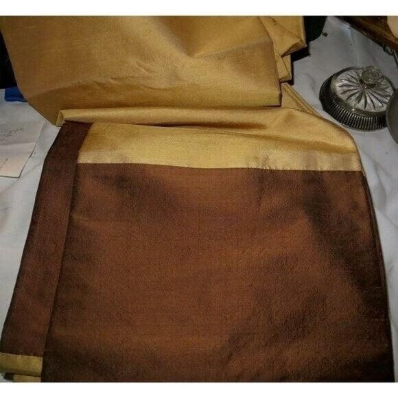Restoration Hardware DOUBLE WIDE 100x96 L 100% THAI SILK BANDED DRAPE GOLD/BROW