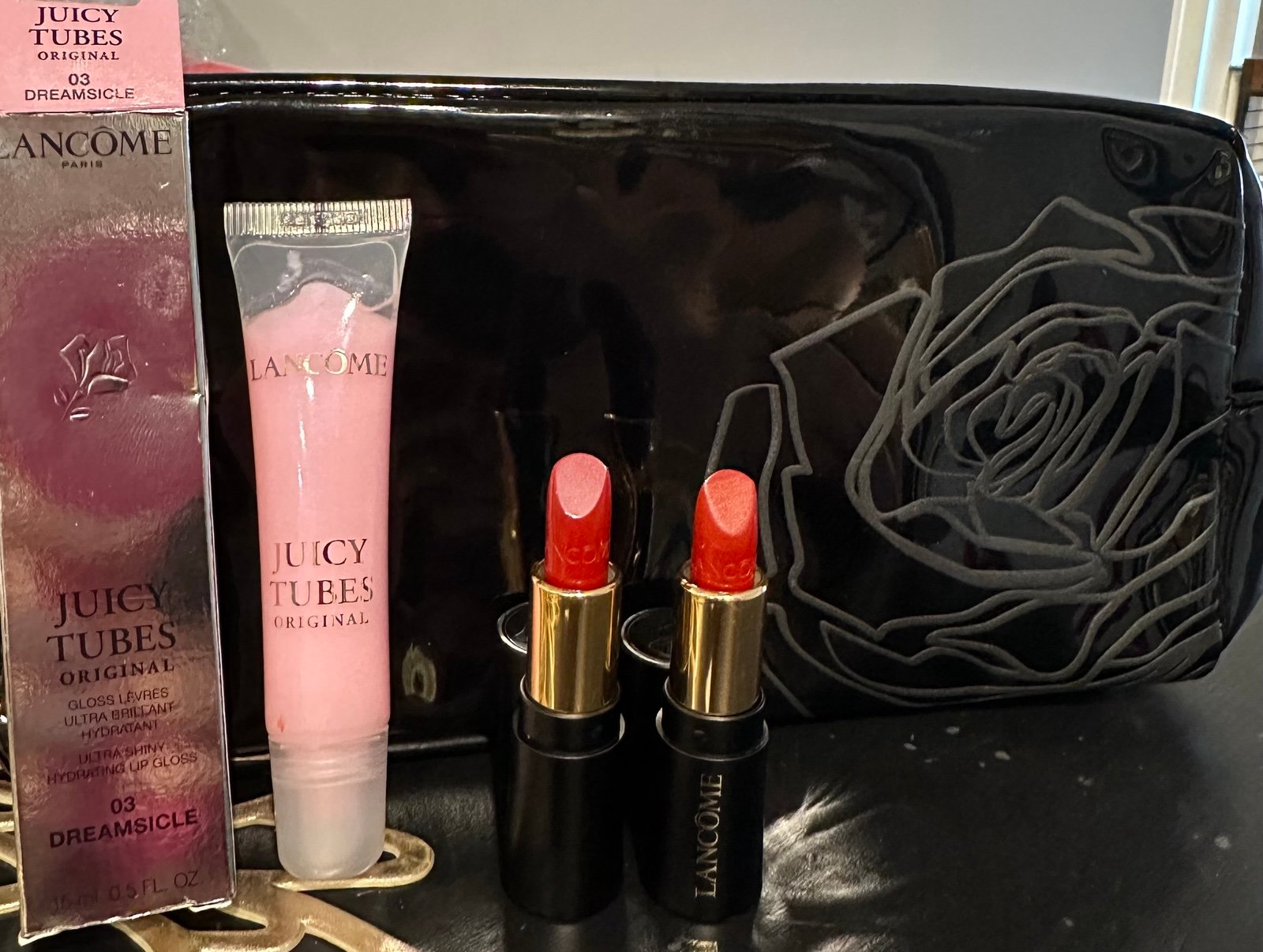 New Lancôme lipstick set 03 creamsicle full size & 2 red mini lipsticks